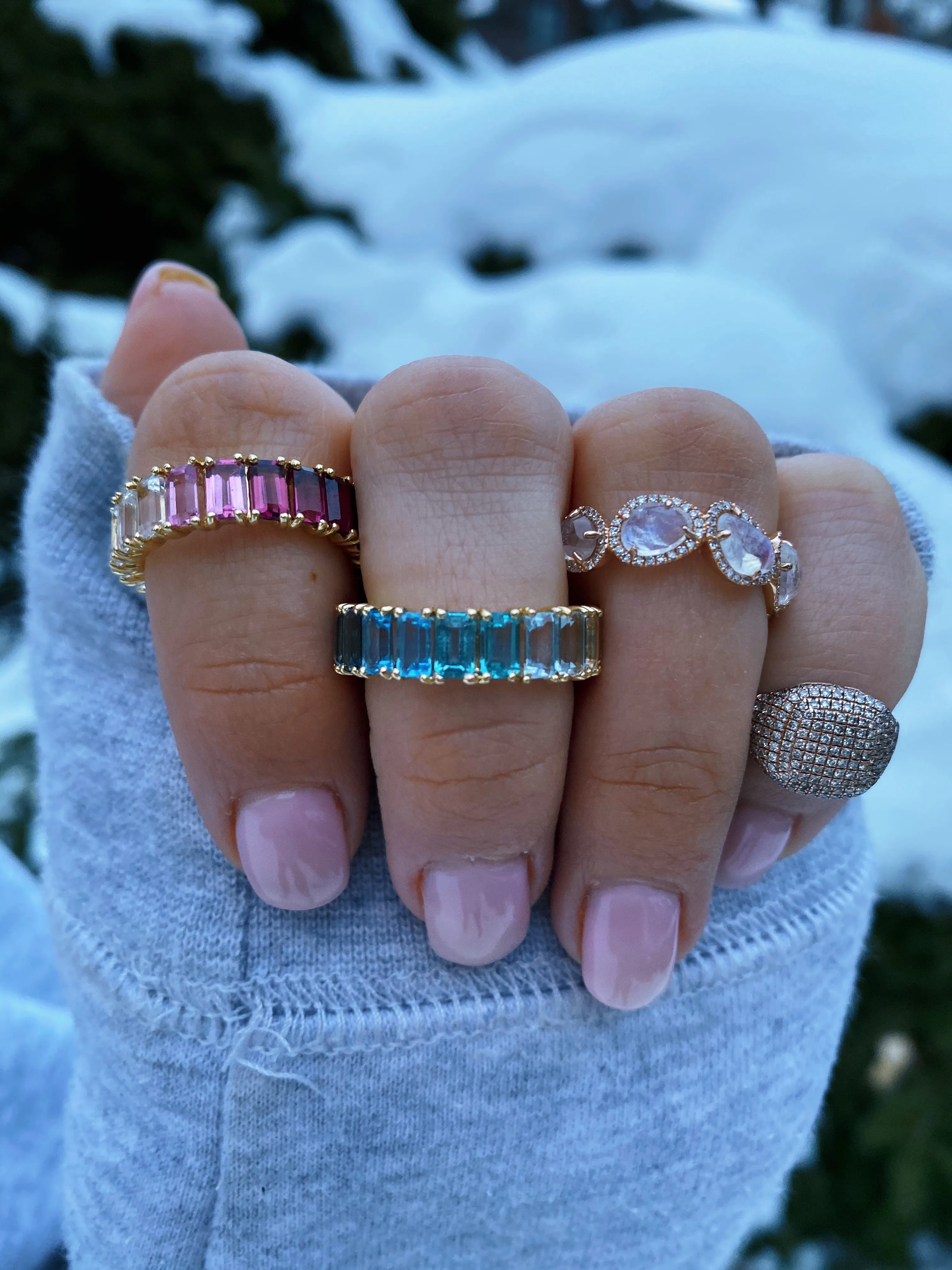 BLUE TOPAZ OMBRÉ EMERALD CUT ETERNITY BAND