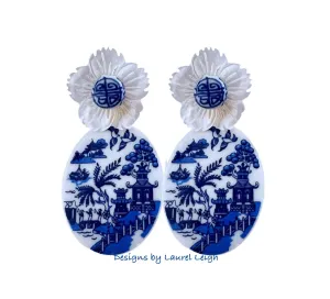 Blue Willow Pearl Chinoiserie Flower Earrings