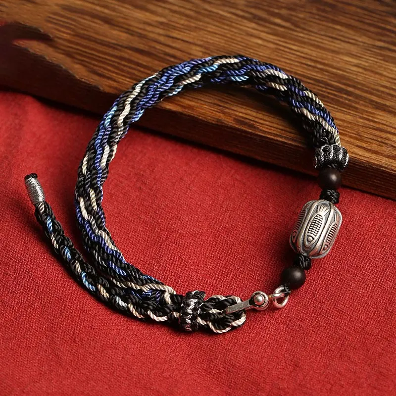 Buddha Stones 925 Sterling Silver Koi Fish Wealth Reincarnation Knot Braid String Bracelet