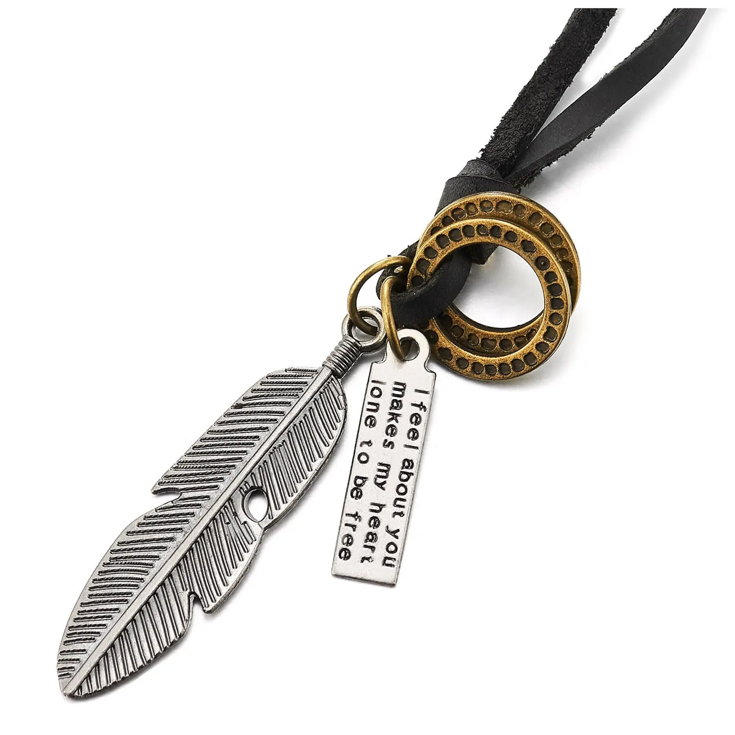 COOLSTEELANDBEYOND Aged Silver Feather Necklace with Adjustable Black Leather Cord Retro Style Necklace Unisex Men Women