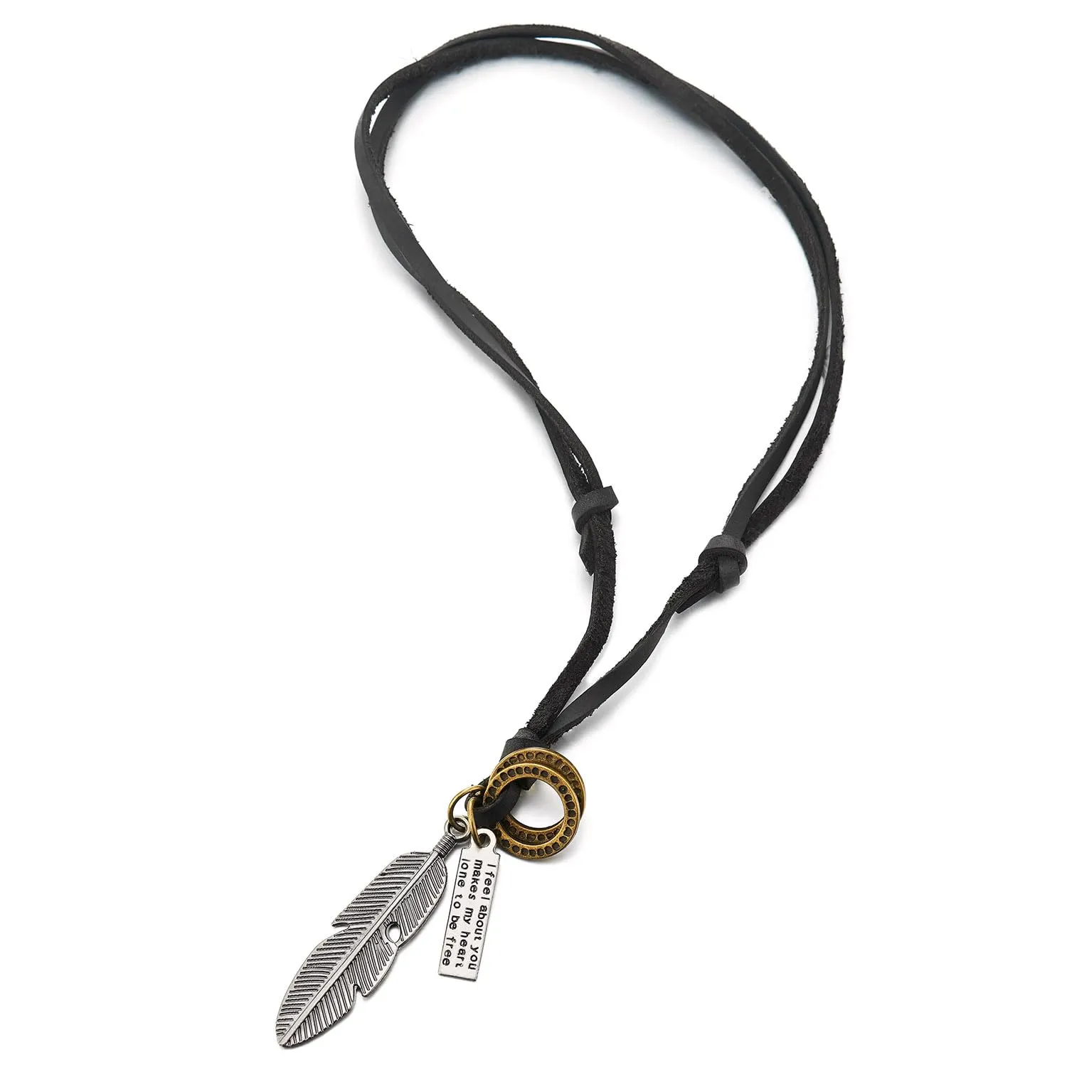 COOLSTEELANDBEYOND Aged Silver Feather Necklace with Adjustable Black Leather Cord Retro Style Necklace Unisex Men Women