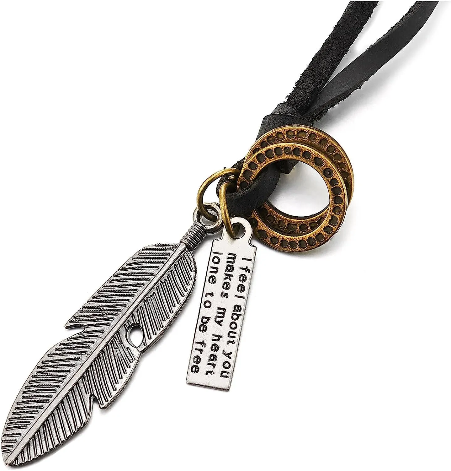 COOLSTEELANDBEYOND Aged Silver Feather Necklace with Adjustable Black Leather Cord Retro Style Necklace Unisex Men Women