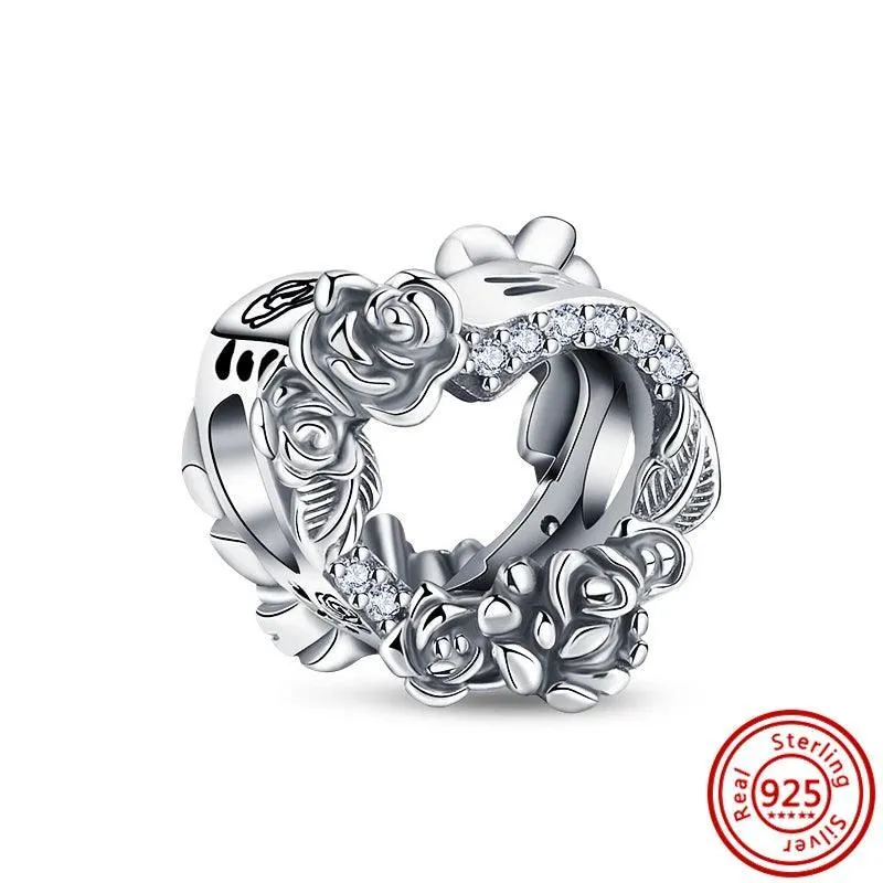 Crown Flowers Heart Silver Bead Charm: Elegant Pandora Bracelet Accessory