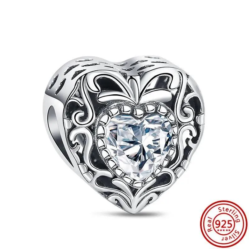 Crown Flowers Heart Silver Bead Charm: Elegant Pandora Bracelet Accessory