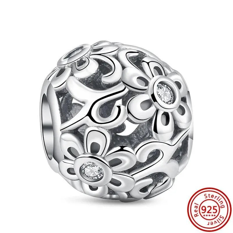 Crown Flowers Heart Silver Bead Charm: Elegant Pandora Bracelet Accessory