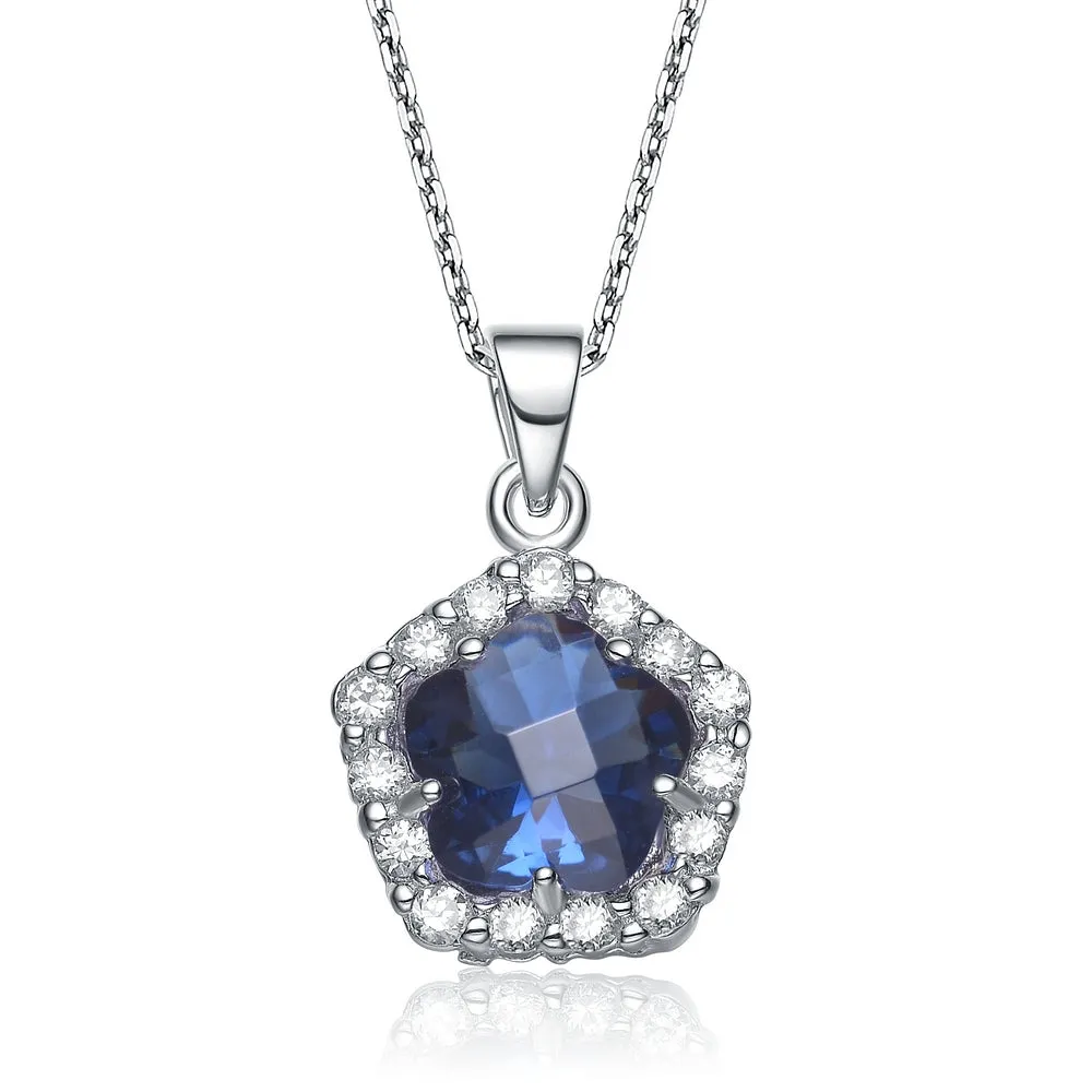 Cubic Zirconia Sterling Silver Rhodium Plated Sapphire Flower Shape Drop Pendant