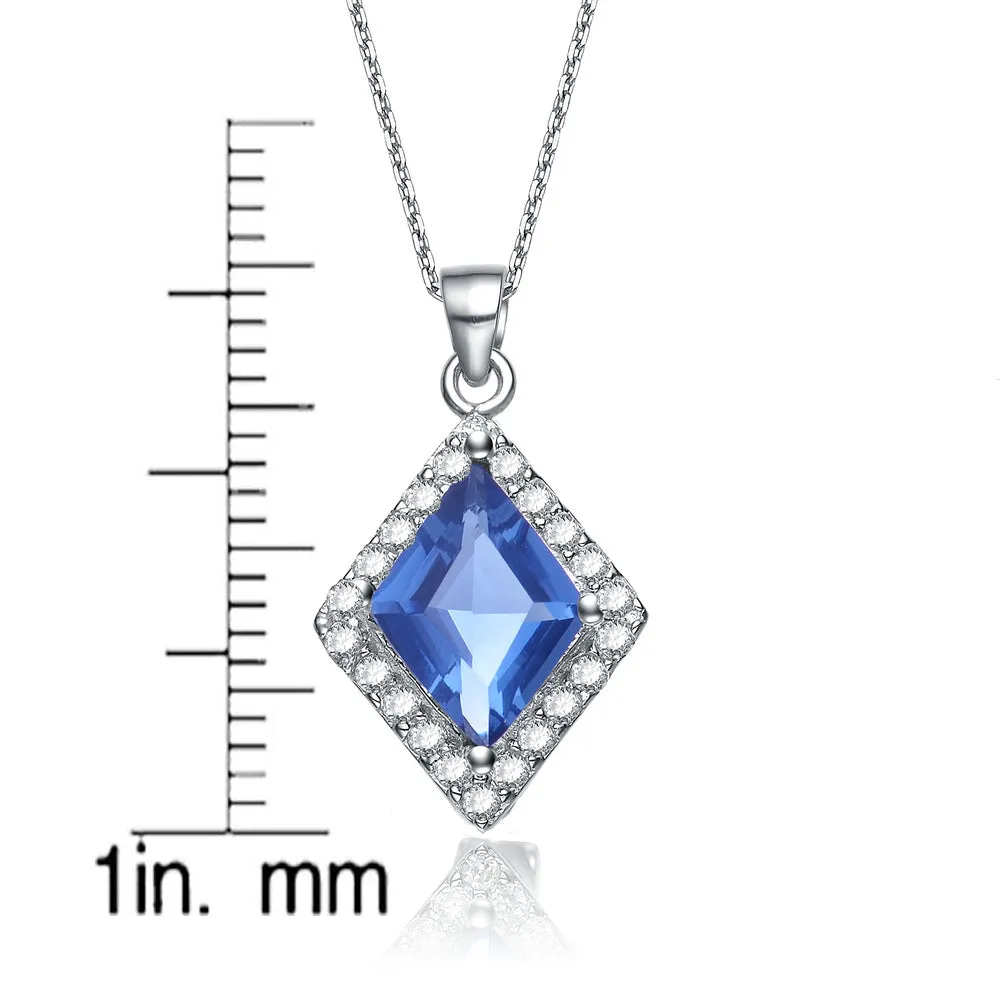 Cubic Zirconia Sterling Silver Rhodium Plated Sapphire Shape Drop Pendant