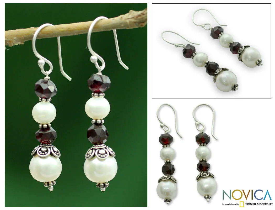 Cultured pearl and garnet dangle earrings - Love Pure | NOVICA