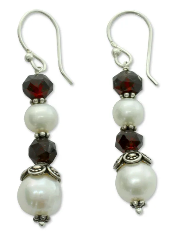 Cultured pearl and garnet dangle earrings - Love Pure | NOVICA