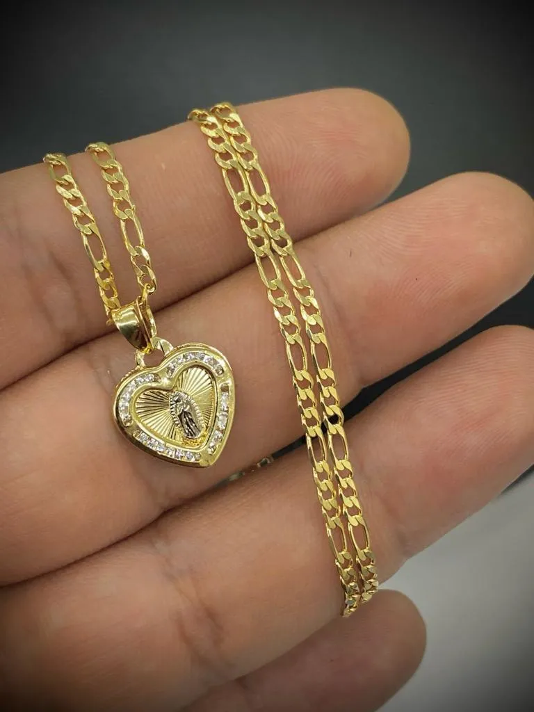 CZ Heart Virgen de Guadalupe Necklace Figaro Chain for Kids Womens 14K Gold Filled