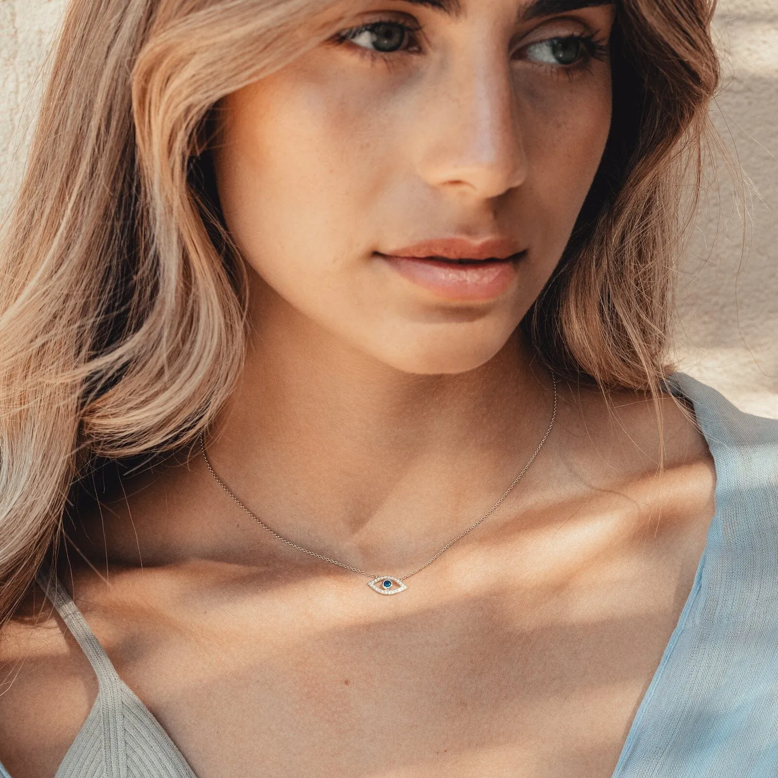 Diamond Evil Eye Necklace - 14K Rose Gold