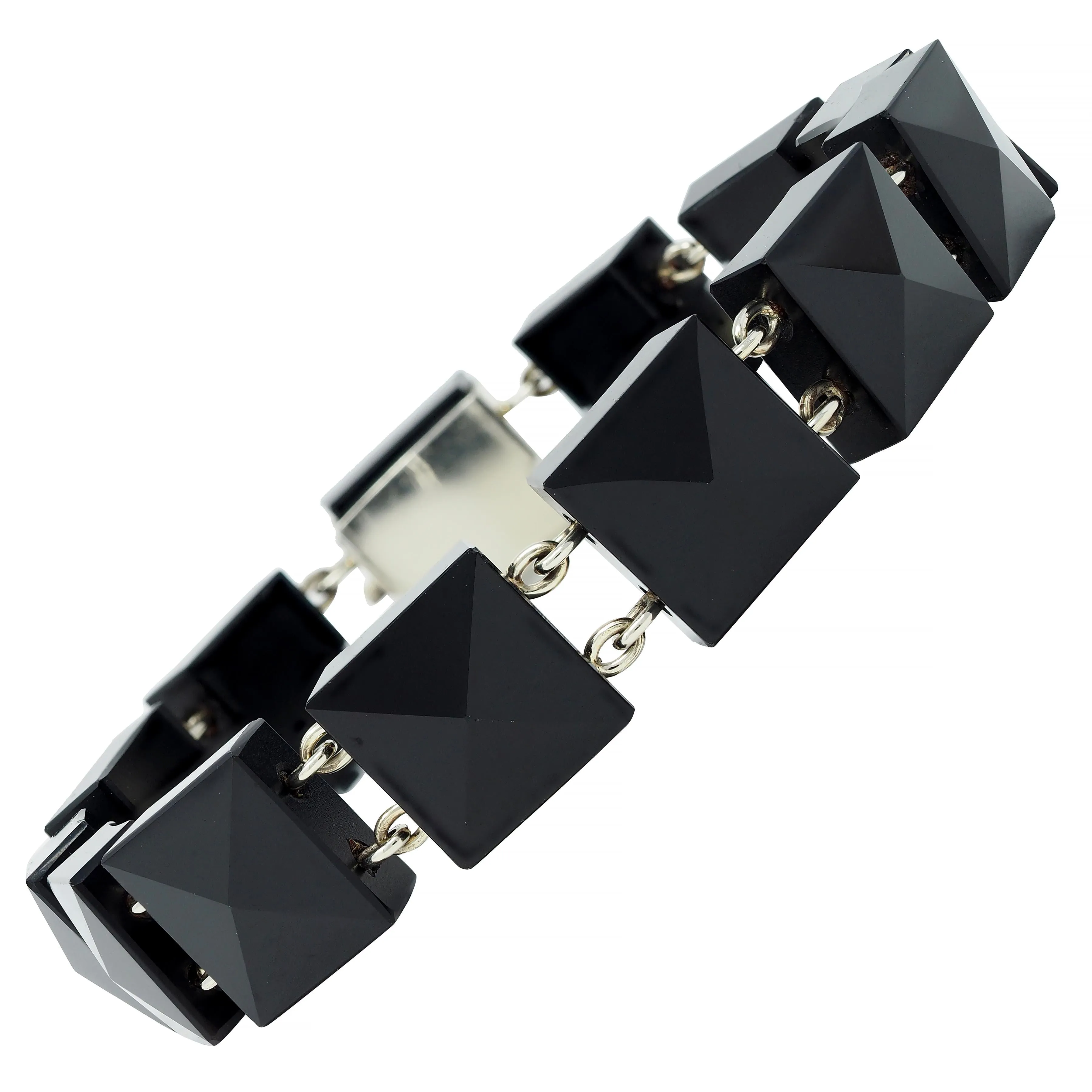 Early Art Deco Faceted Black Onyx 18 Karat White Gold Pyramid Link Antique Bracelet