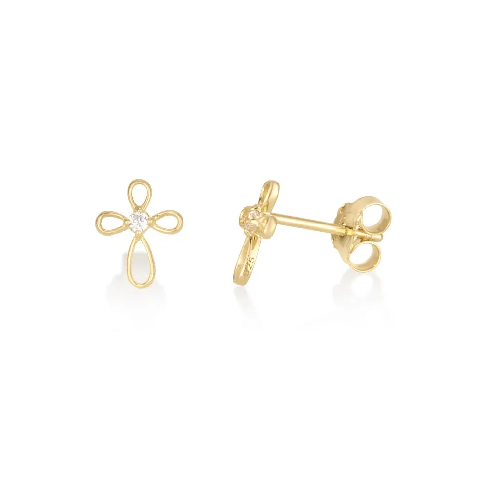 Earrings - Cross 14k Gold Plated with White Zirconia Gemstone Center