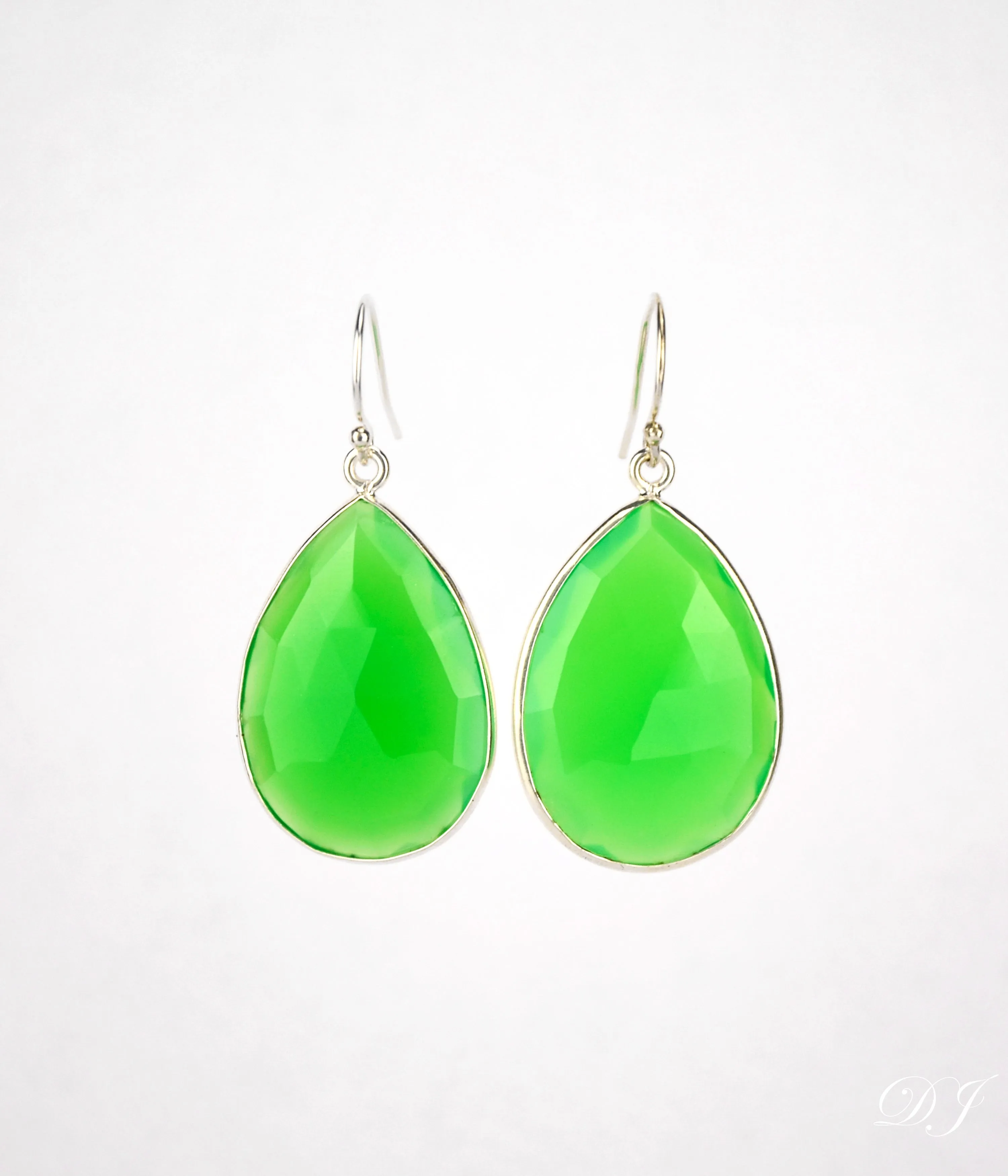 Faceted Green Chalcedony Teardrop Bezel Set Earrings - August Birthstone