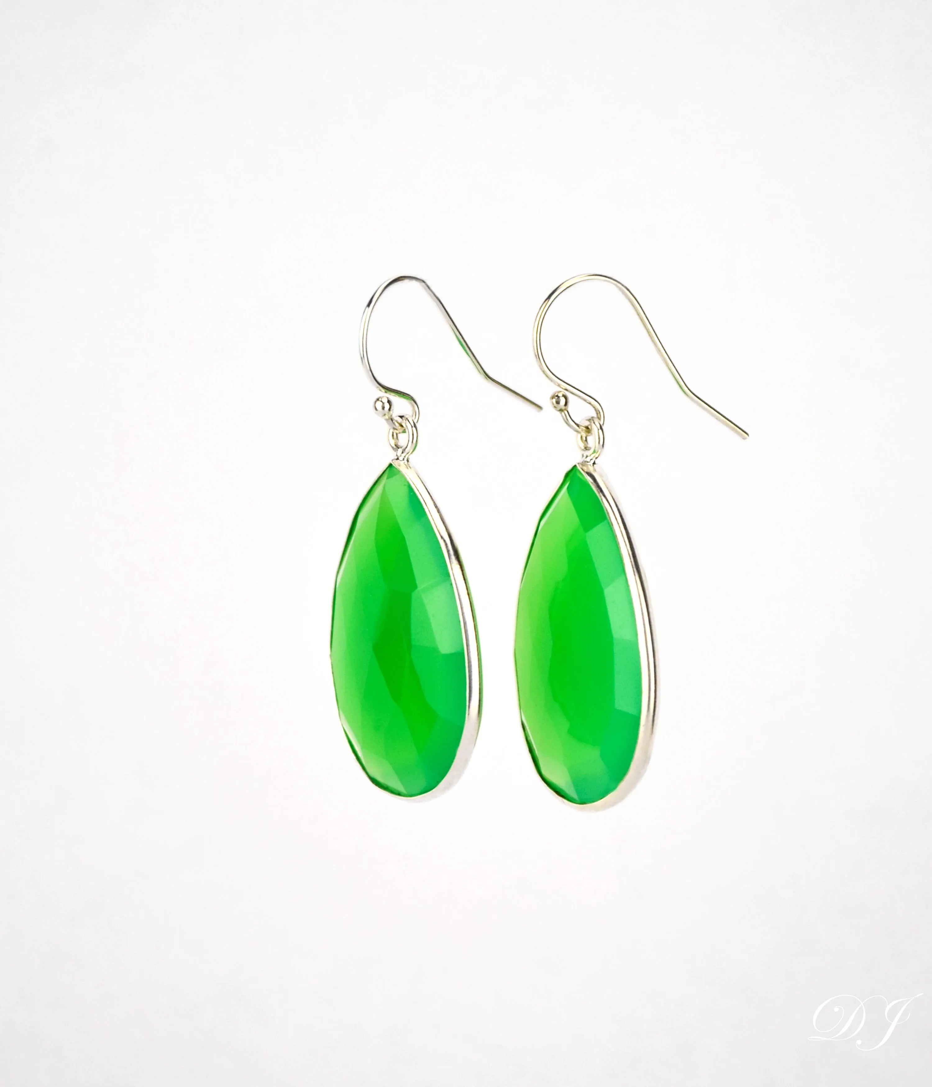 Faceted Green Chalcedony Teardrop Bezel Set Earrings - August Birthstone