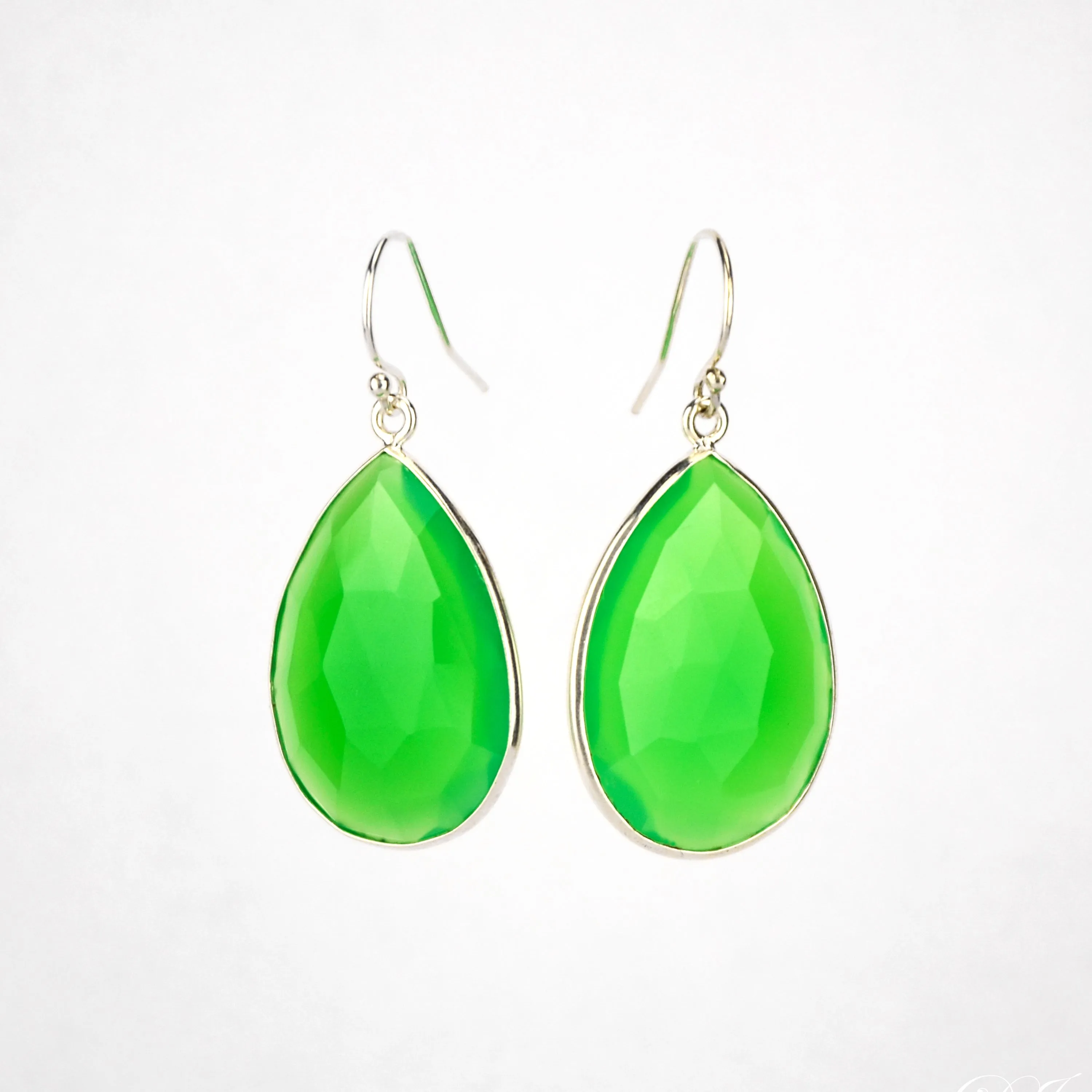 Faceted Green Chalcedony Teardrop Bezel Set Earrings - August Birthstone