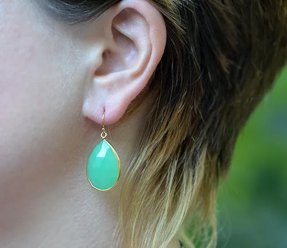 Faceted Green Chalcedony Teardrop Bezel Set Earrings - August Birthstone