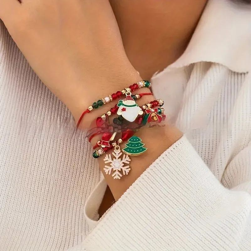 Festive Handmade Christmas Charm Bracelet Set – Beaded Holiday Joy with Snowman & Christmas Tree Charms