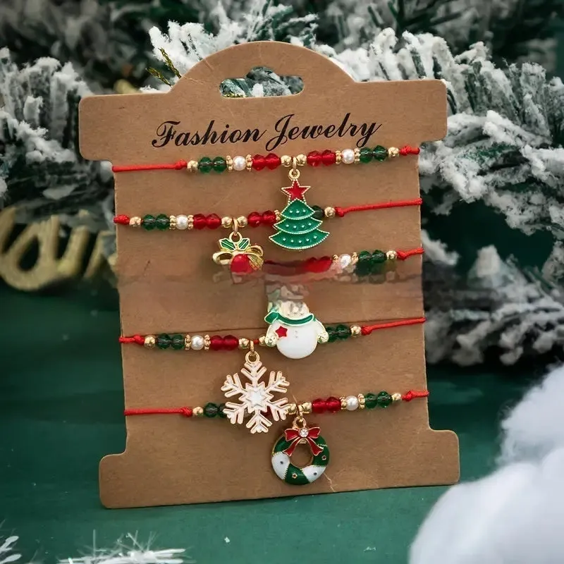 Festive Handmade Christmas Charm Bracelet Set – Beaded Holiday Joy with Snowman & Christmas Tree Charms