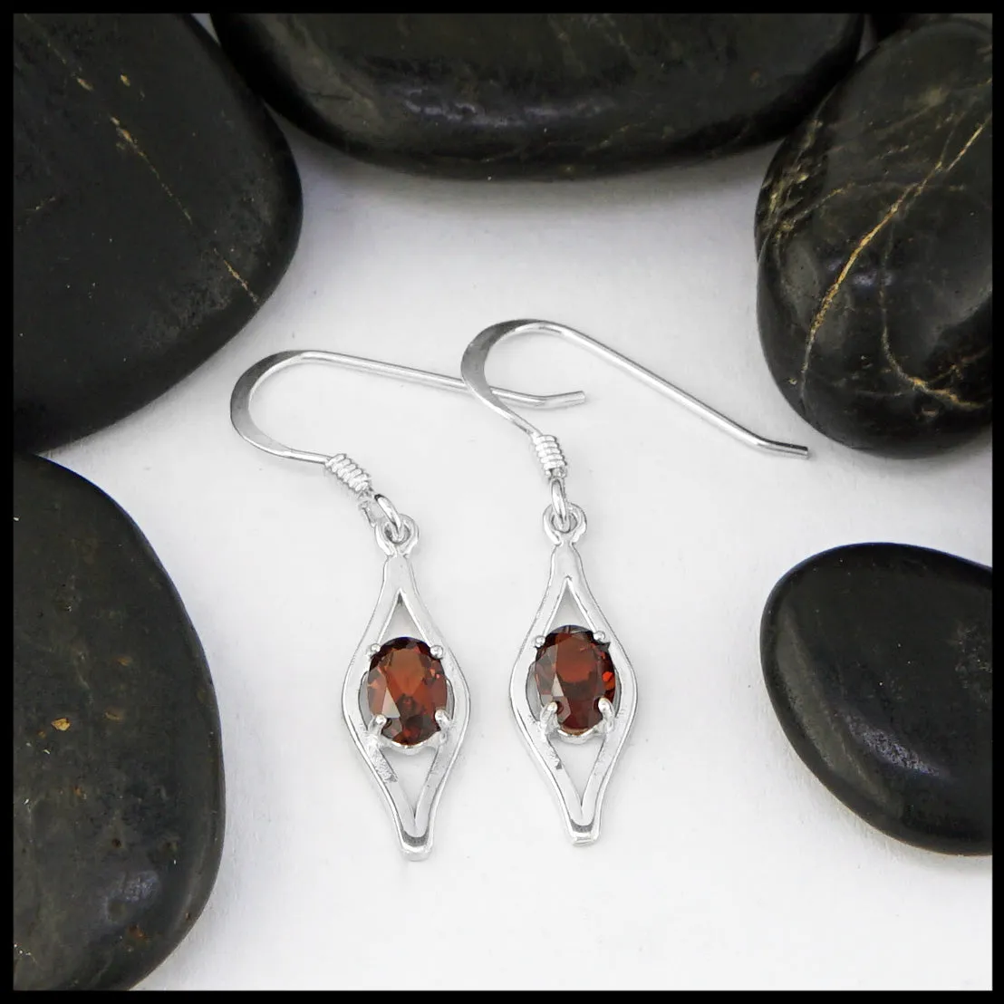 Garnet Drop Earrings in Silver