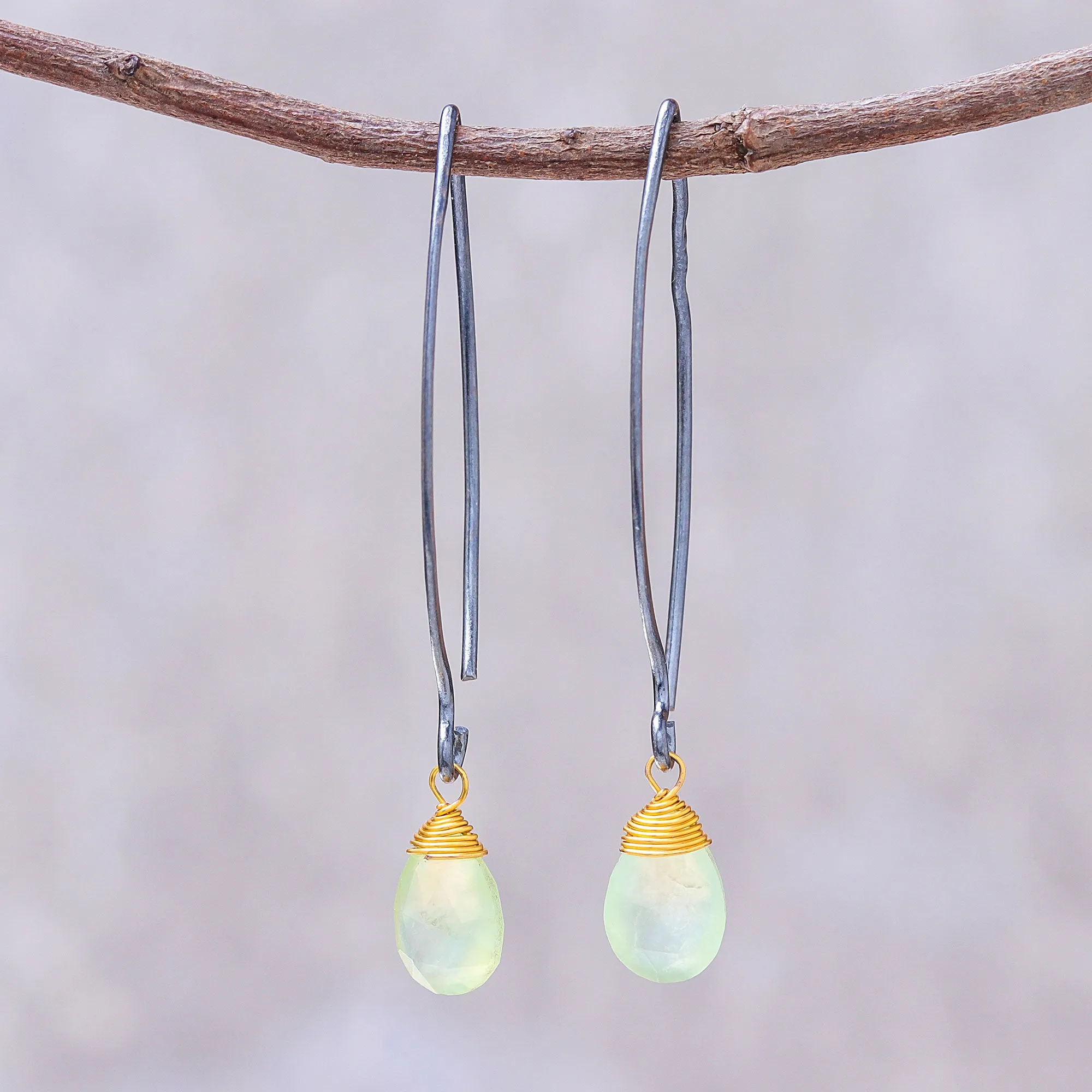 Gold Accent Prehnite Dangle Earrings from Thailand - Midnight Meadow | NOVICA