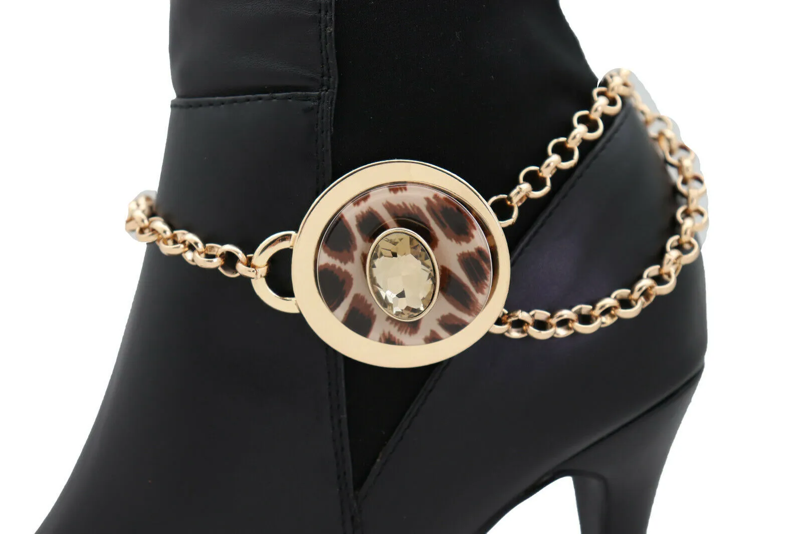 Gold Metal Chain Boot Bracelet Shoe Animal Print Charm Wrap Around