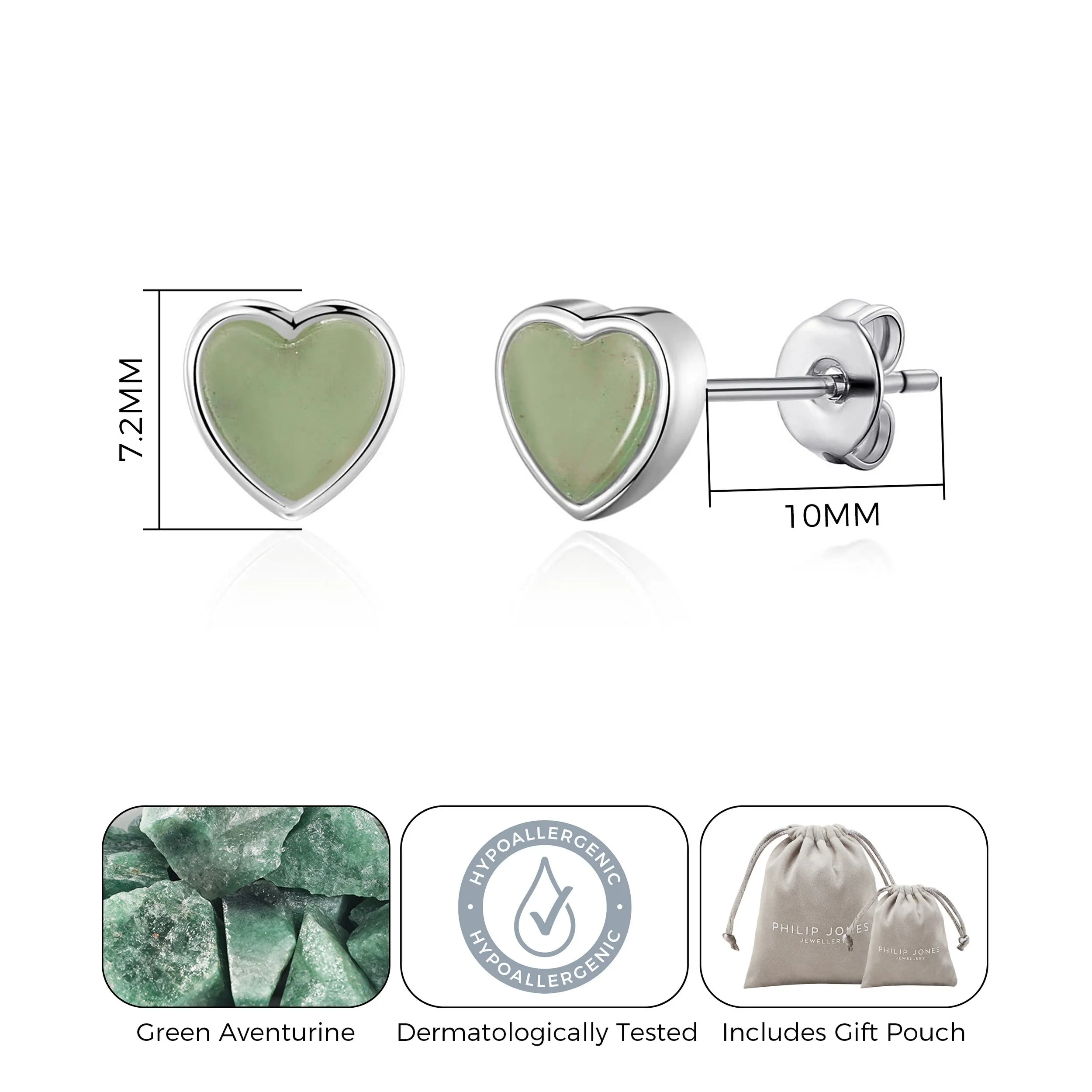 Green Aventurine Heart Stud Earrings with Quote Card