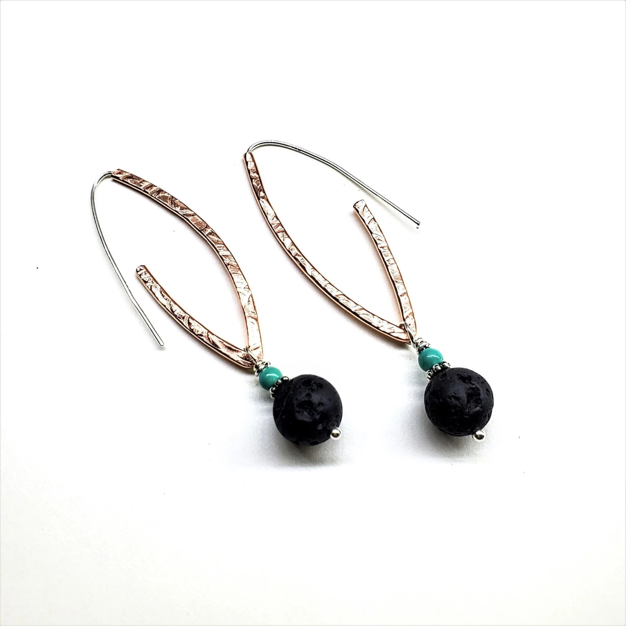 Hammered Pointed Oval Hoop Lava Rock Bead Earrings