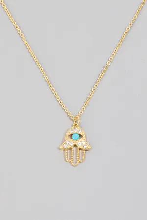 Hamsa Hand Blue Eye Rhinestone Necklace in Gold