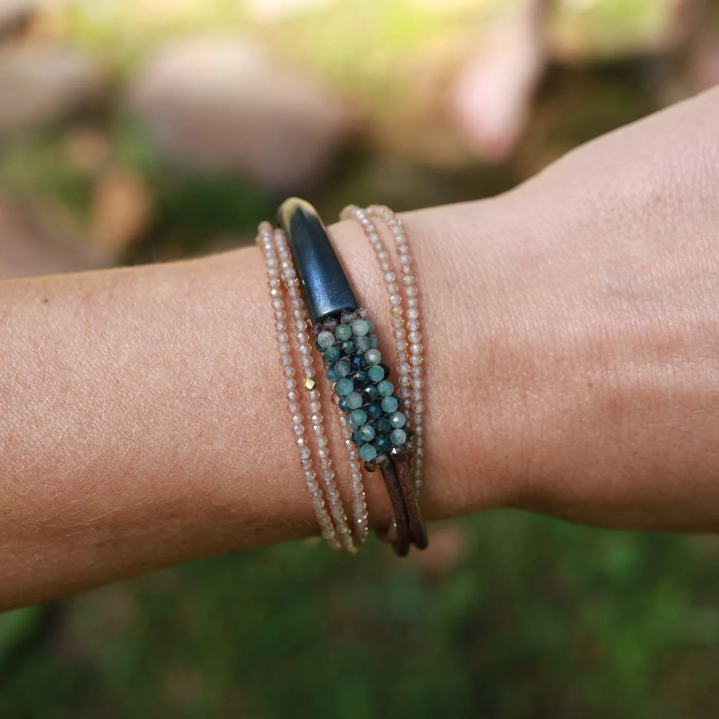 Hand Stitched Grandierite, Smokey Quartz Trim Bracelet