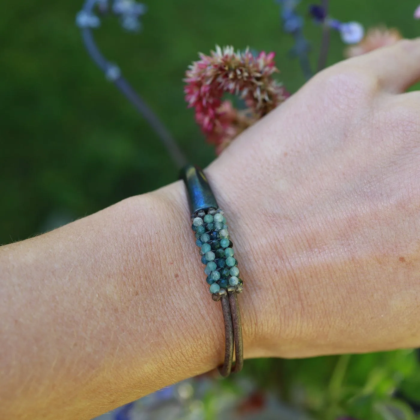 Hand Stitched Grandierite, Smokey Quartz Trim Bracelet