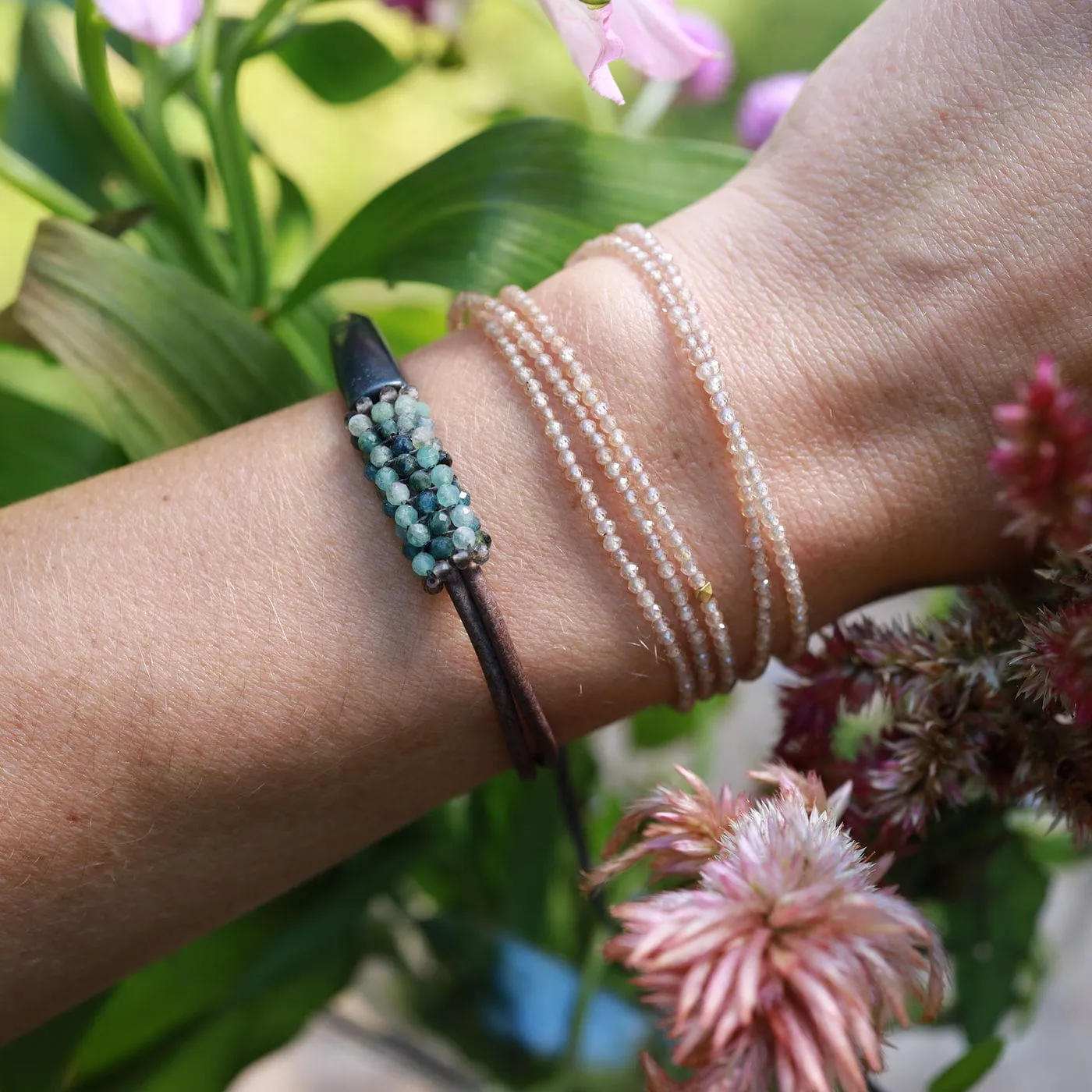 Hand Stitched Grandierite, Smokey Quartz Trim Bracelet