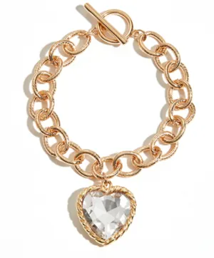 Heart Charm Gold Chain Link Bracelet - Clear