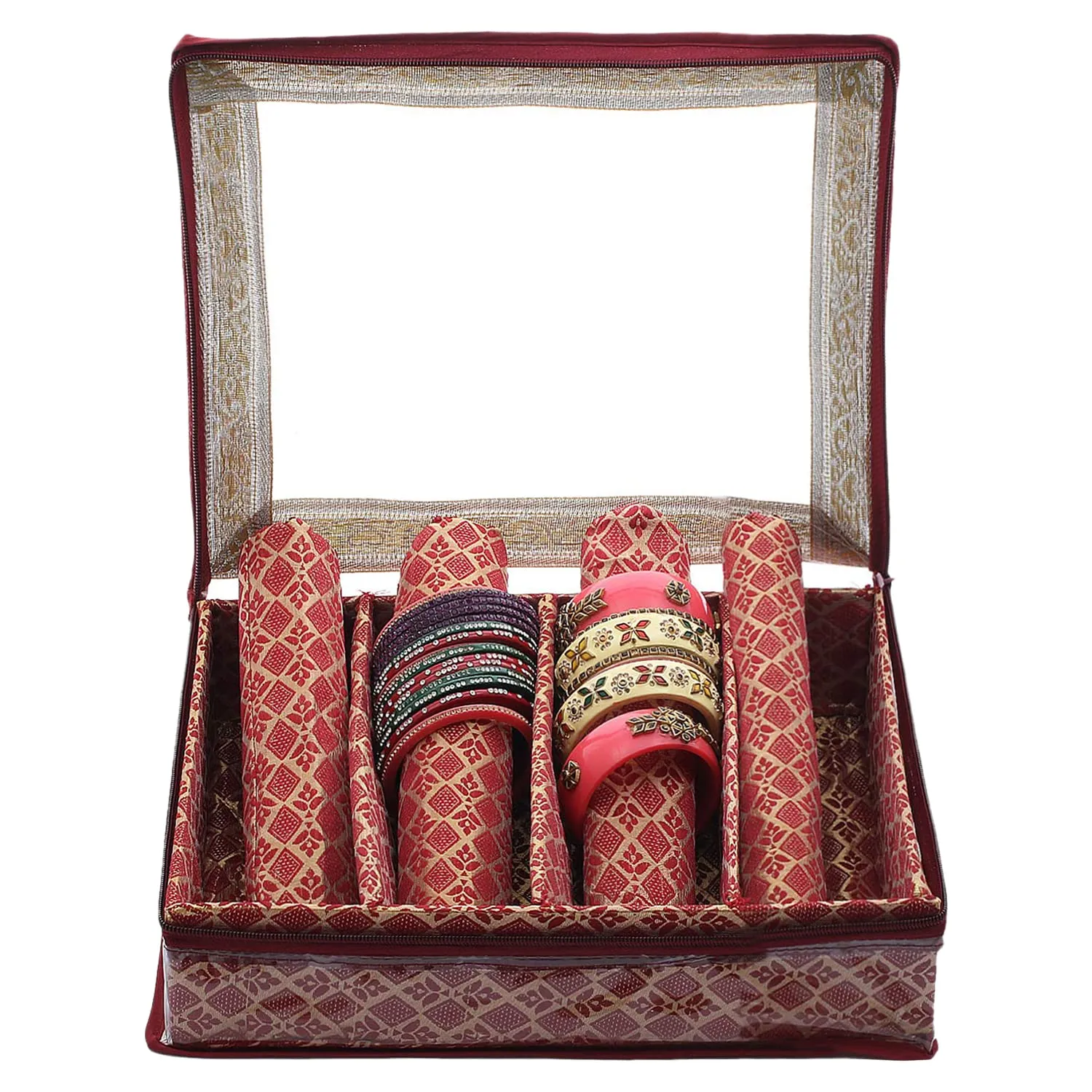 Heart Home Multipurpose Matka Pattern Laminated 4 Rod Bangle Box/Organizer/Case With Tranasparent Top - Pack of 2 (Maroon)-47HH0471