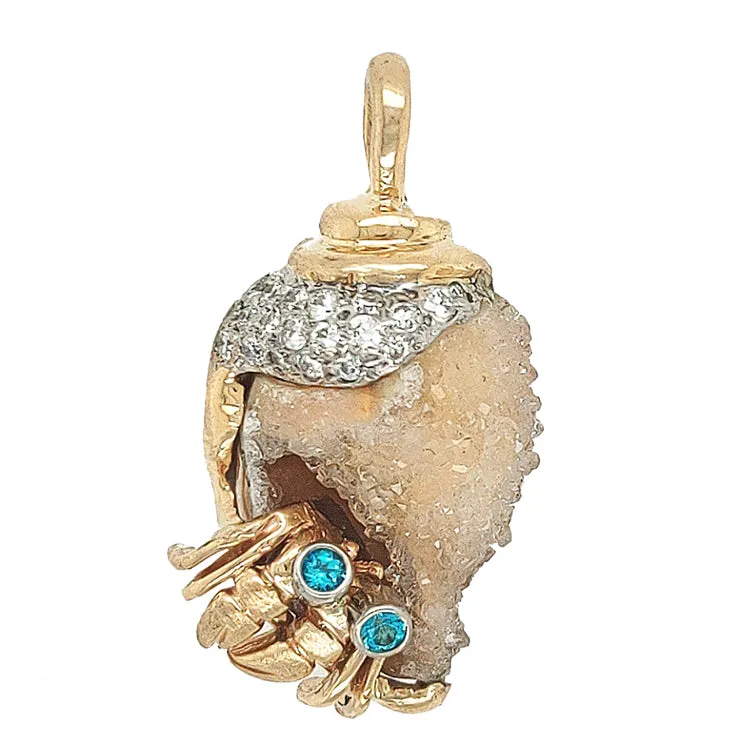 Hermit Crab in Druzy Fossil Shell Pendant with Diamonds