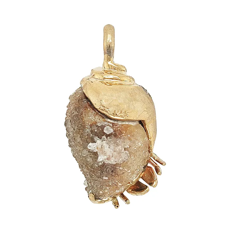 Hermit Crab in Druzy Fossil Shell Pendant with Diamonds