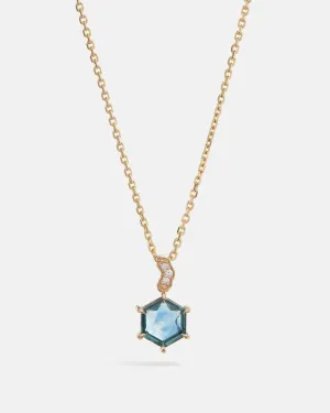 Hexagonal Montana Sapphire Pendant in Fairmined 14K Yellow Gold adorned with lab-grown diamonds.