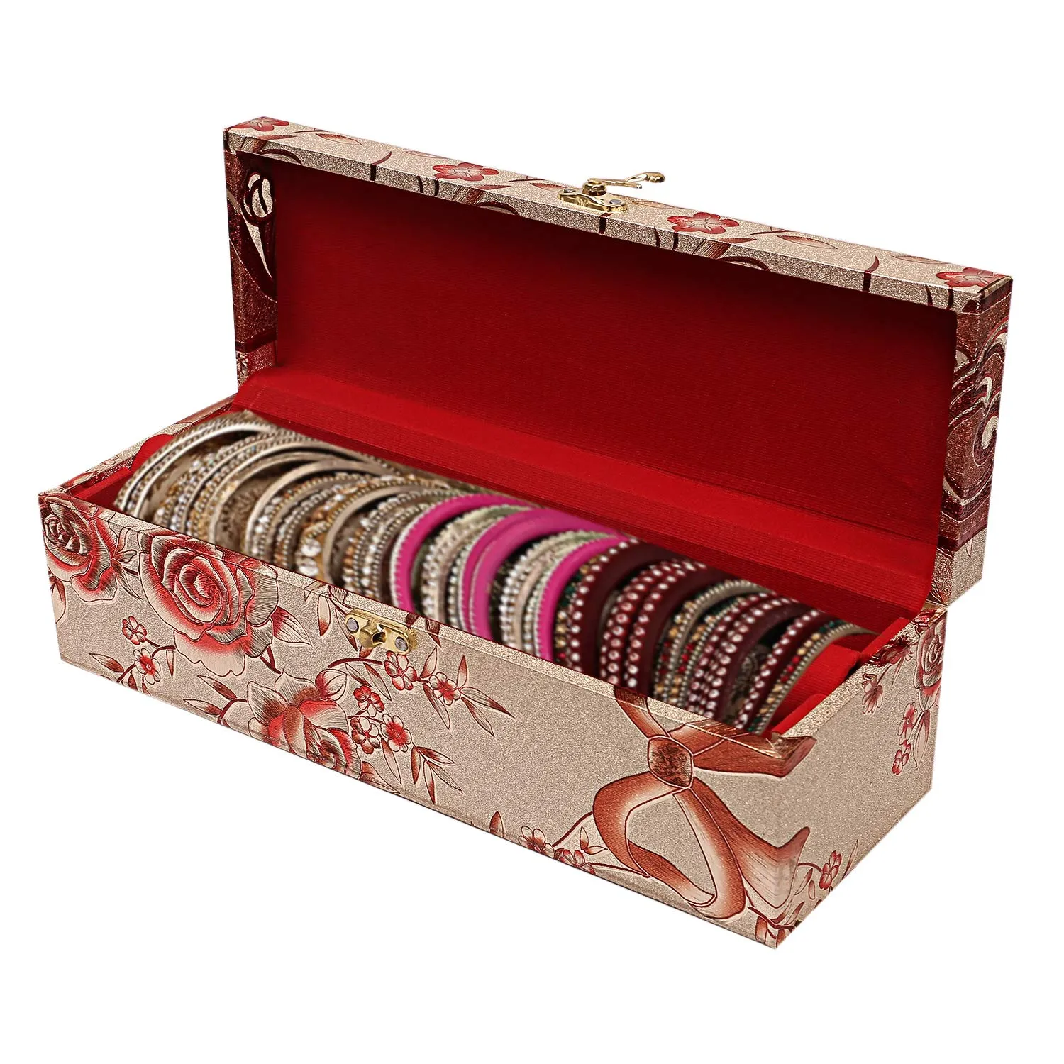 Kuber Industries Multipurpose Wooden Floral Design 1 Rod Bangle Box/Organizer/Case With Swing Arm Lock (Gold)-47KM0645