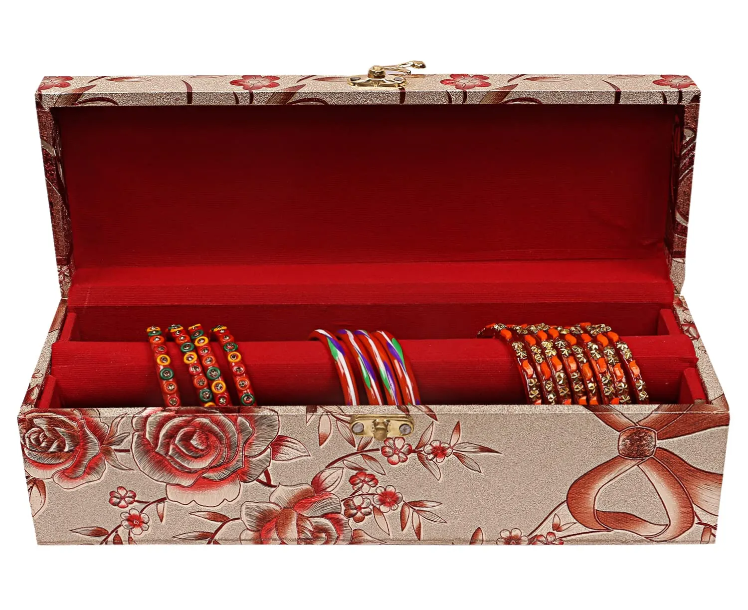 Kuber Industries Multipurpose Wooden Floral Design 1 Rod Bangle Box/Organizer/Case With Swing Arm Lock (Gold)-47KM0645