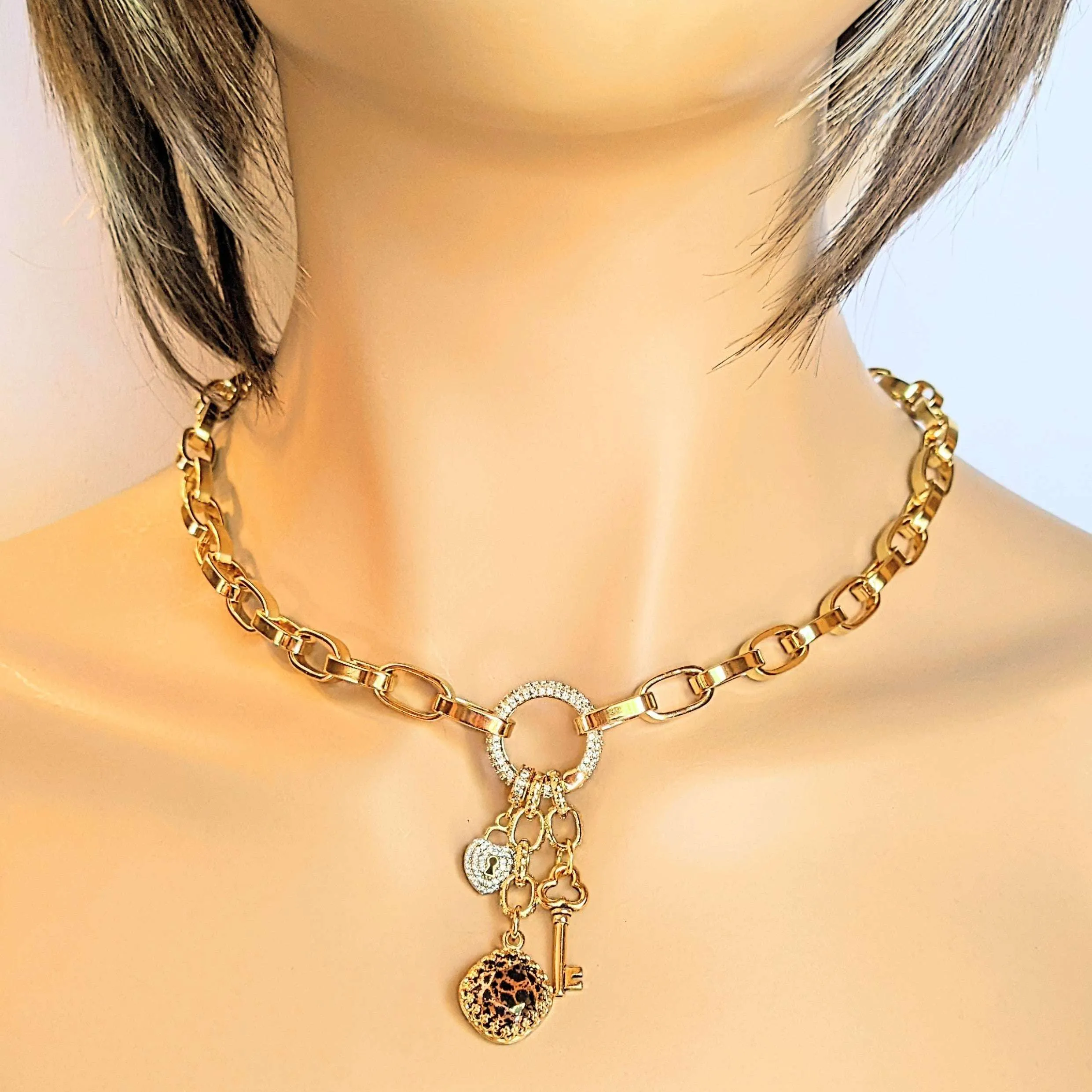 Leopard Print Crystal Gold charm lariat necklace - 20 inch