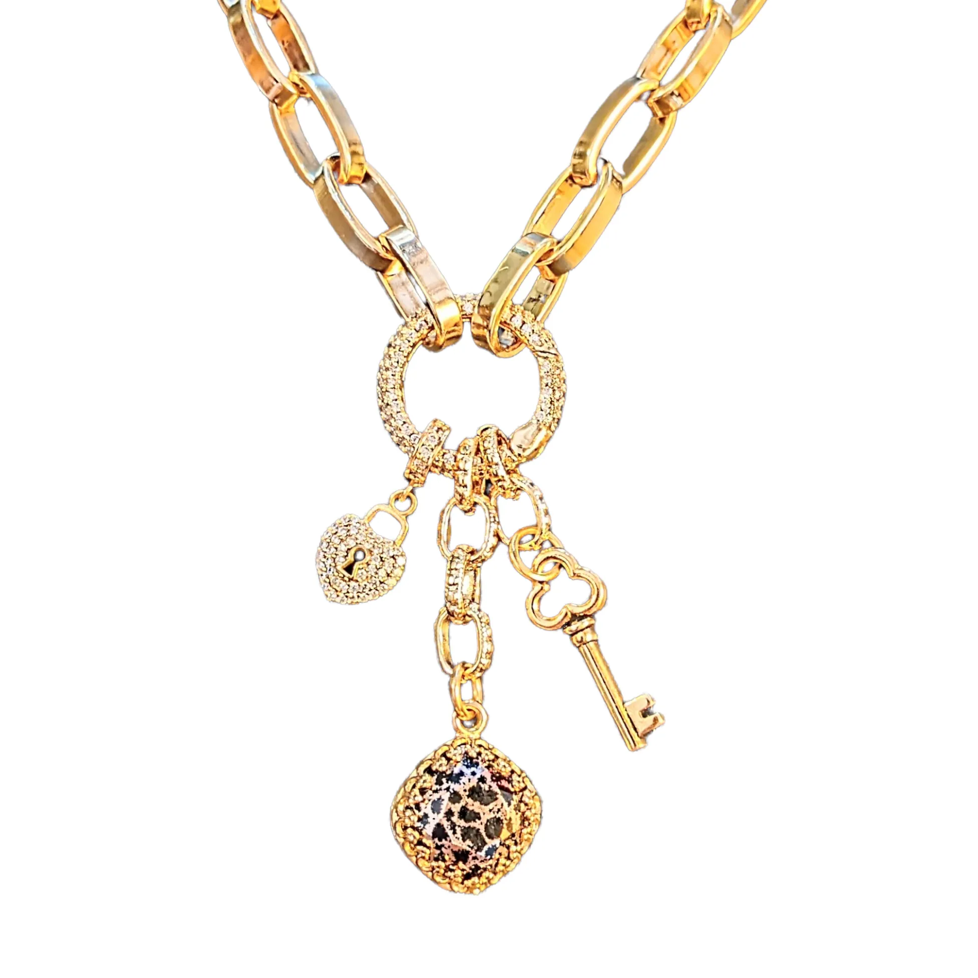 Leopard Print Crystal Gold charm lariat necklace - 20 inch