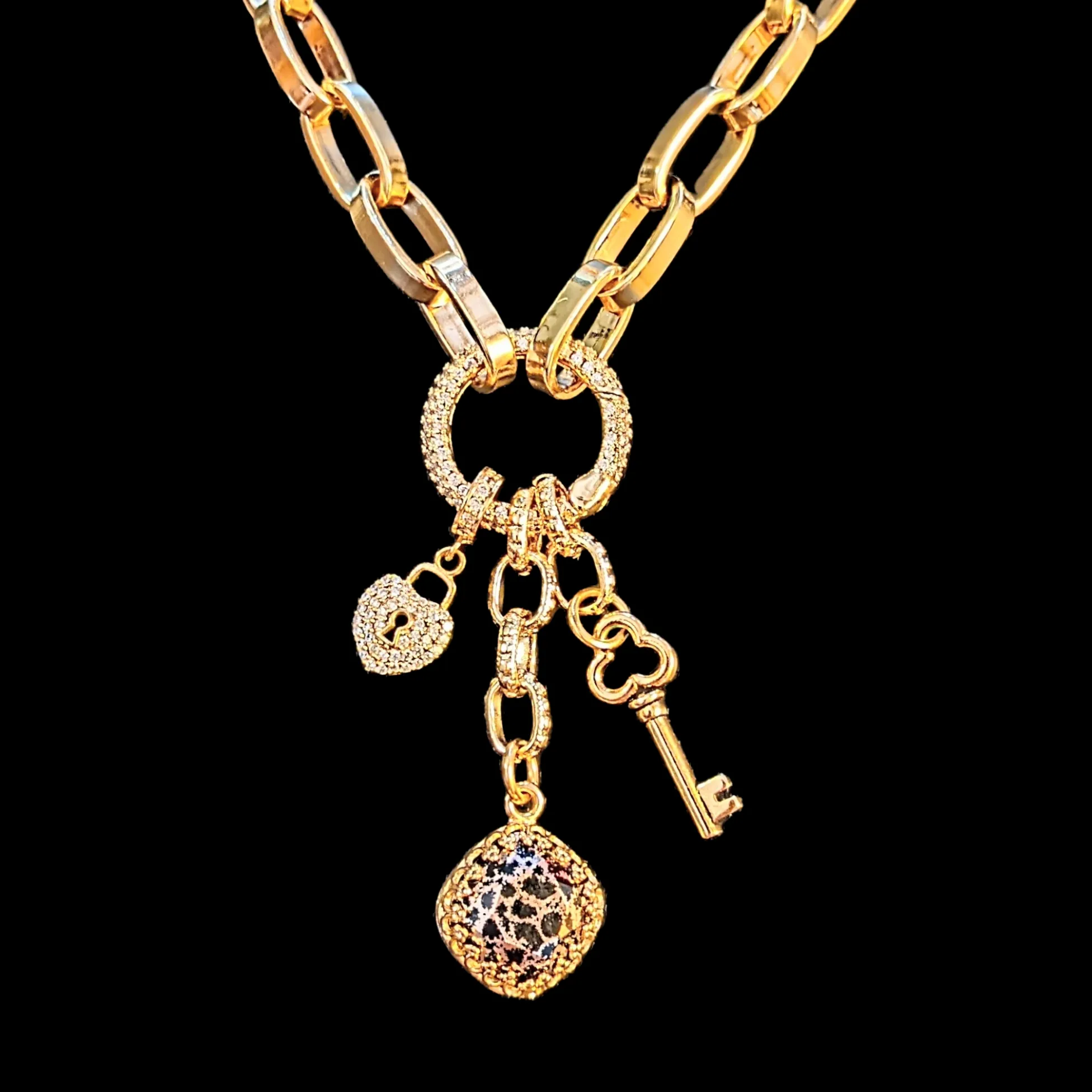 Leopard Print Crystal Gold charm lariat necklace - 20 inch