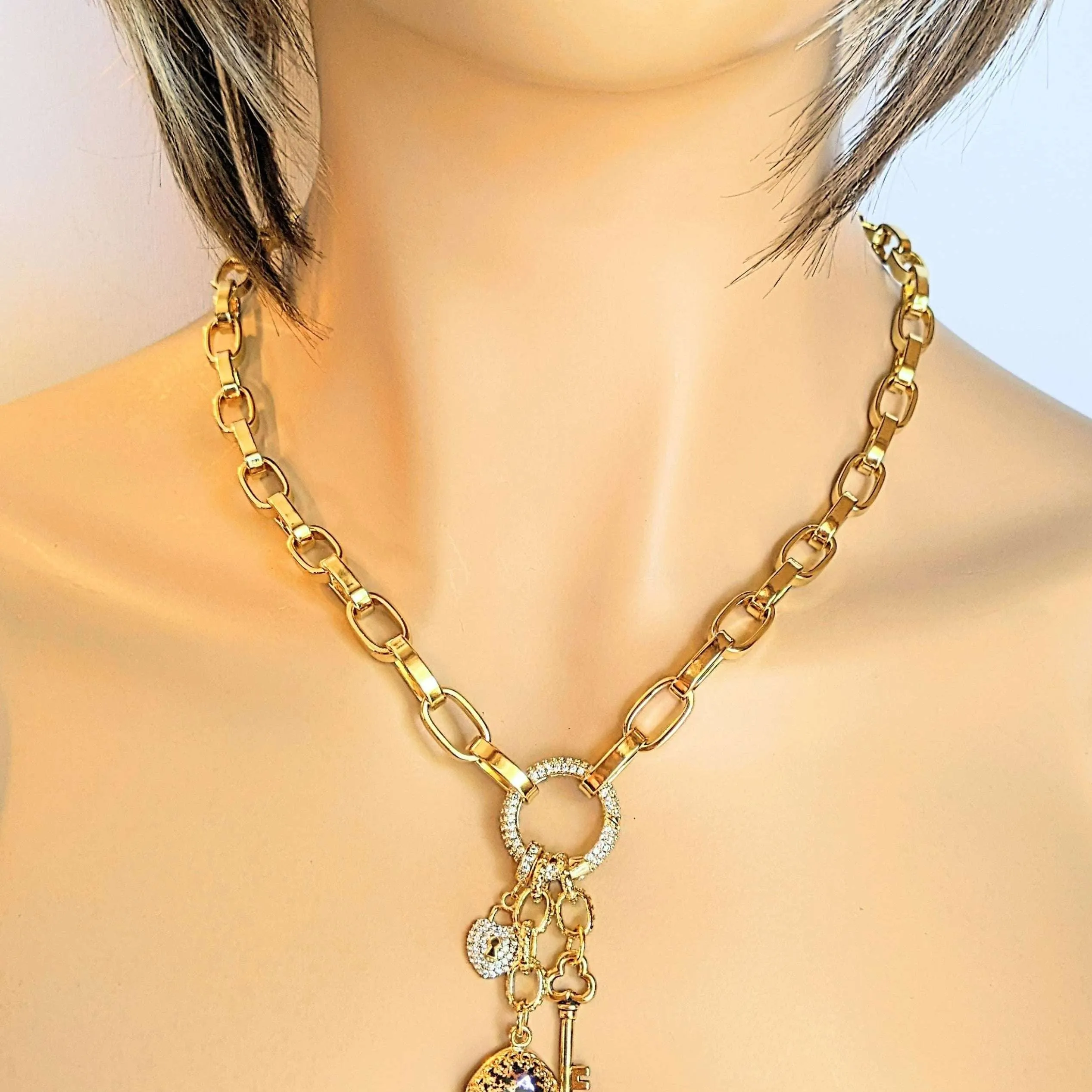 Leopard Print Crystal Gold charm lariat necklace - 20 inch