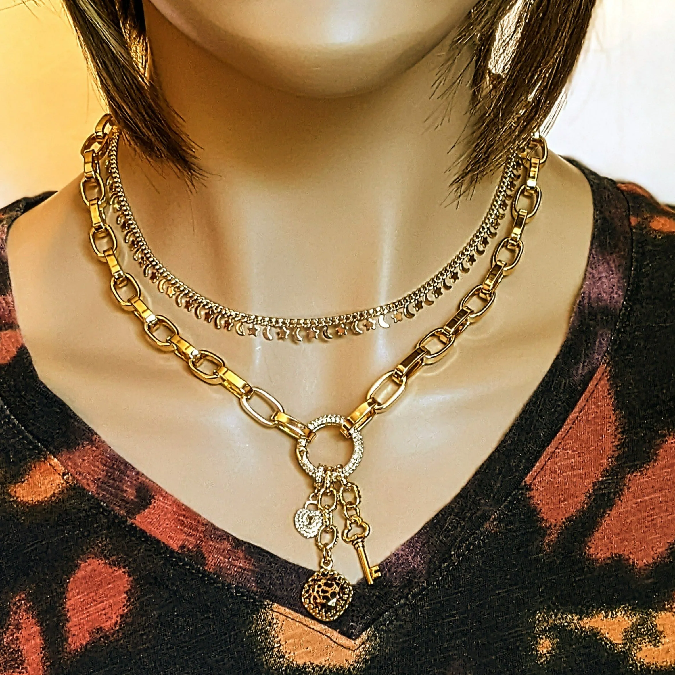 Leopard Print Crystal Gold charm lariat necklace - 20 inch