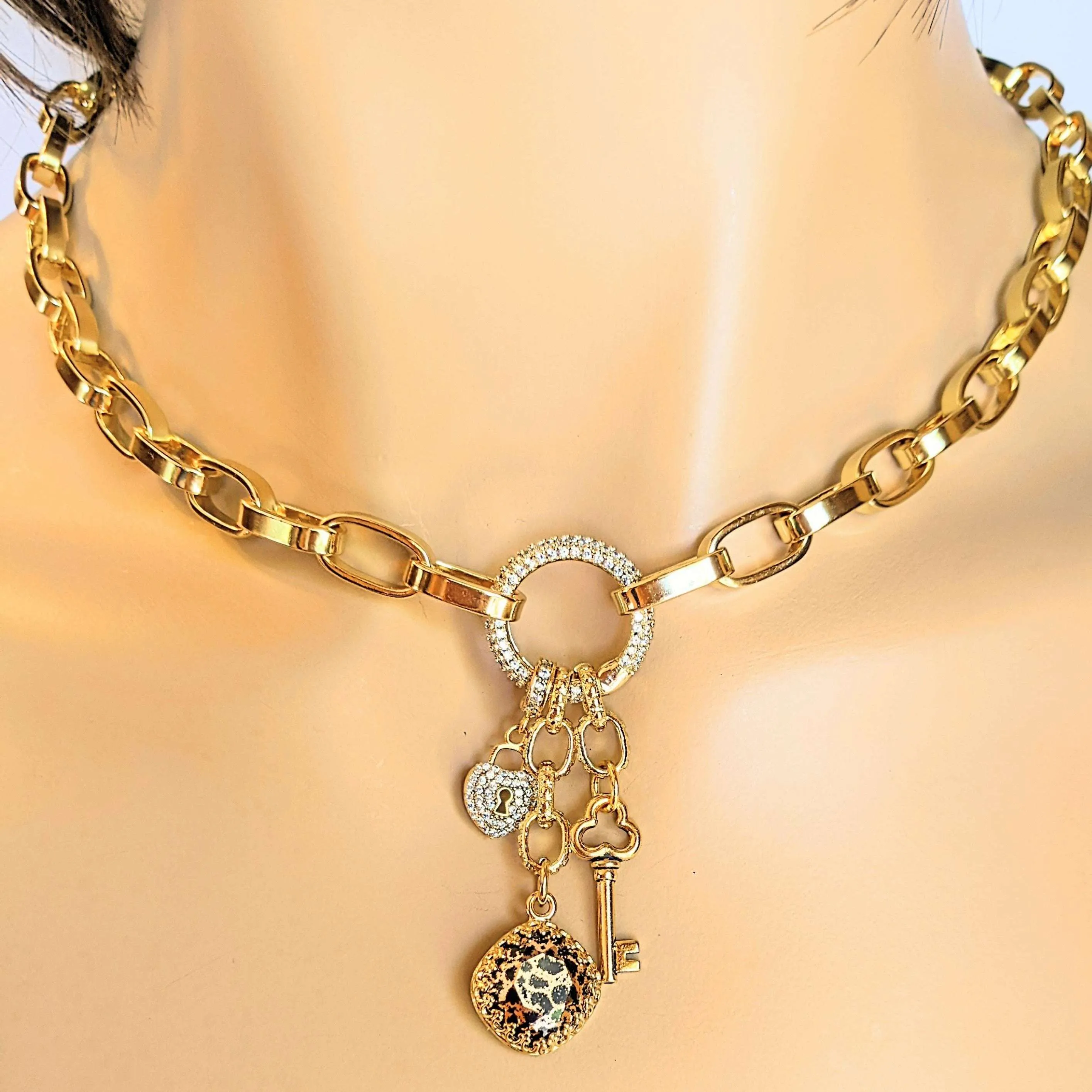 Leopard Print Crystal Gold charm lariat necklace - 20 inch