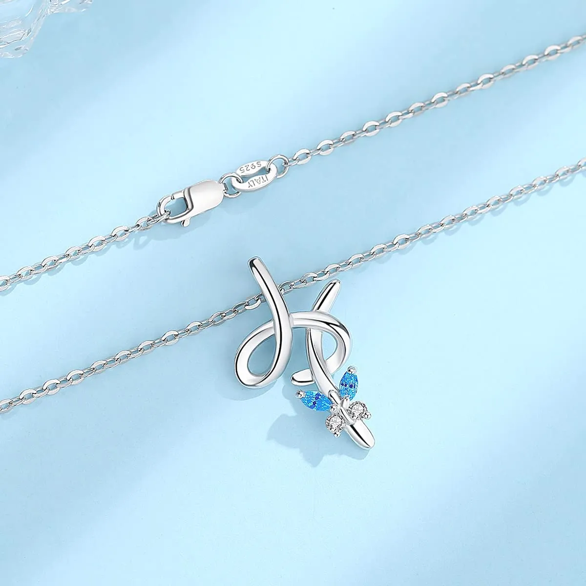 Letter H Cursive Initial Crystal Butterfly Necklace Sterling Silver