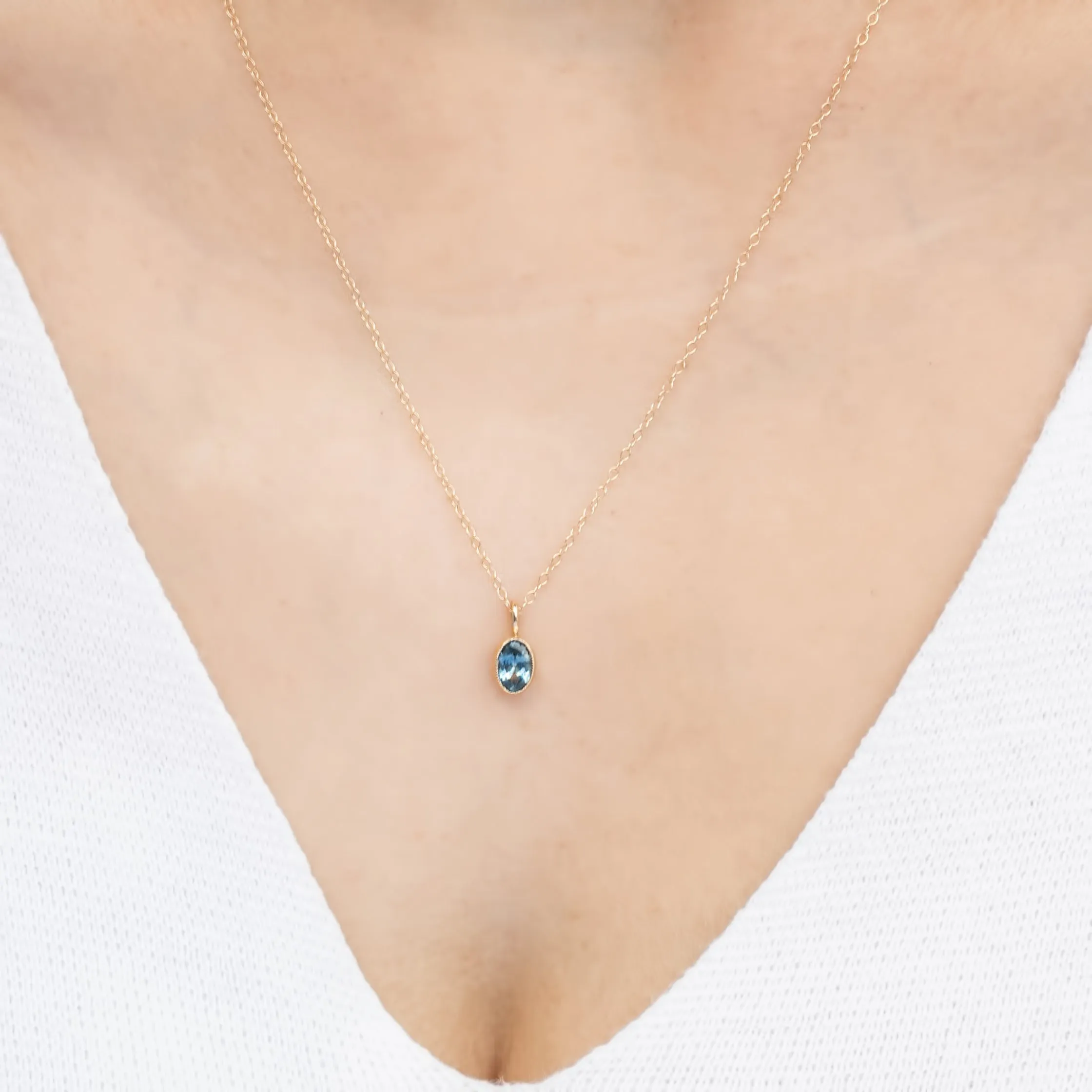 Light Blue Montana Sapphire Bezel Set Charm Necklace (One of a kind)