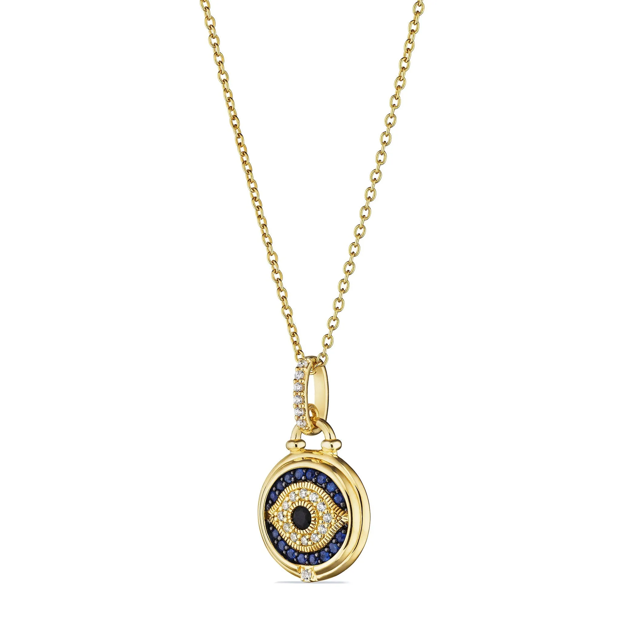 Little Luxuries Evil Eye Medallion Necklace with Black Sapphire, Blue Sapphire and Diamonds in 18K