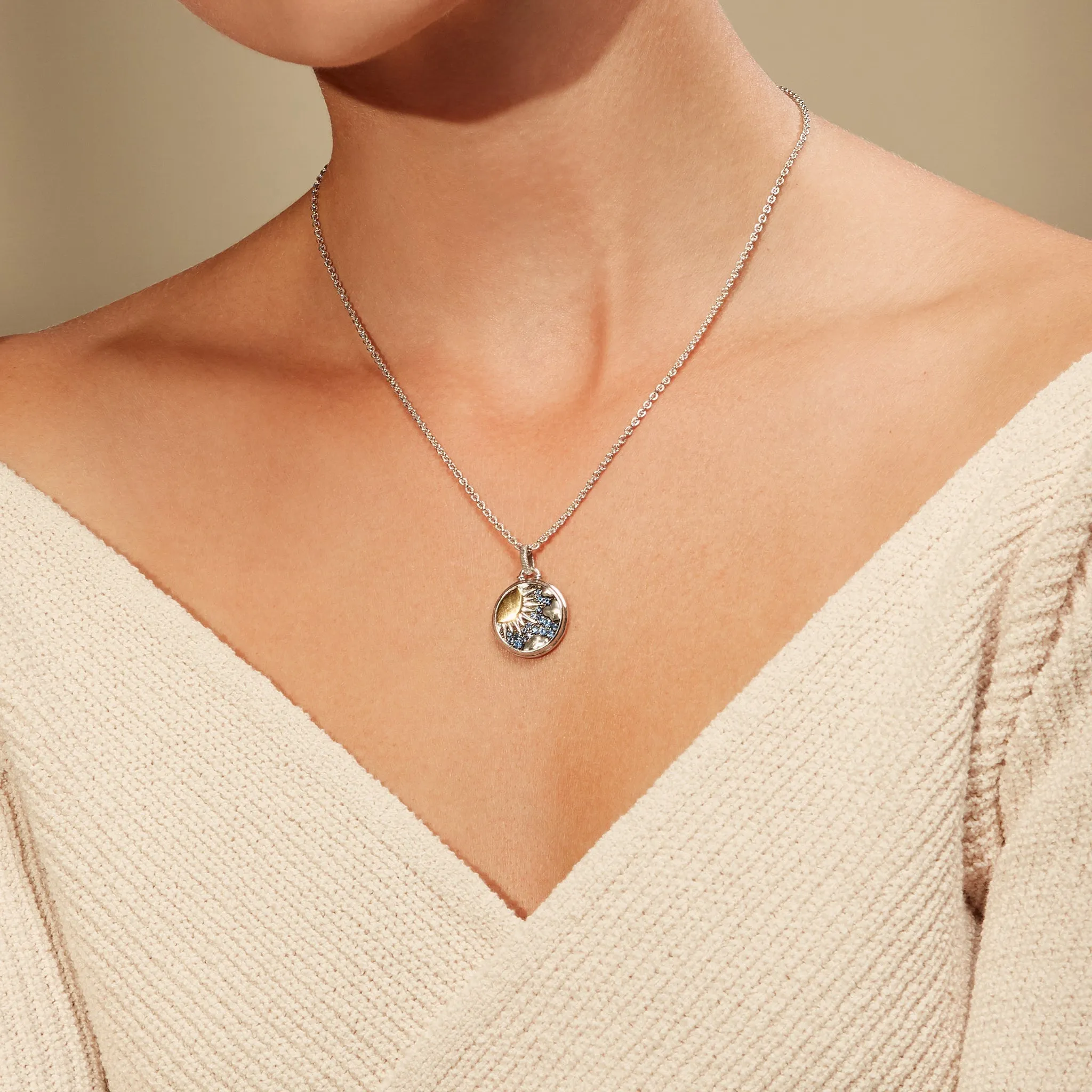 Little Luxuries Sunshine Medallion Necklace with Blue Sapphire, Diamonds and 18K Gold