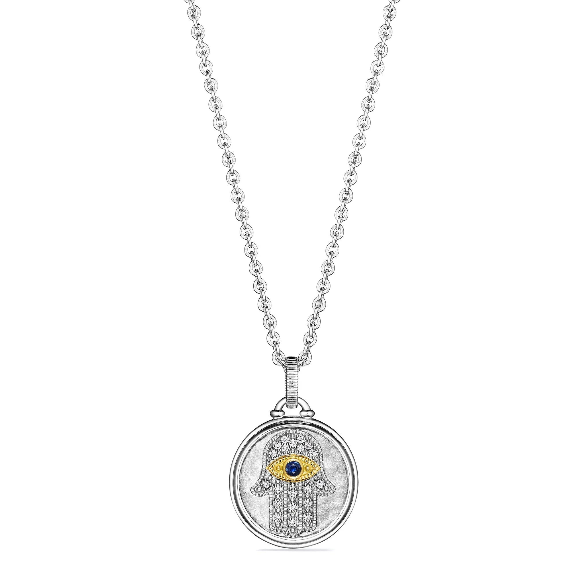 Little Luxuries Textured Hamsa Medallion Necklace with Blue Sapphire, Diamonds and 18K Gold